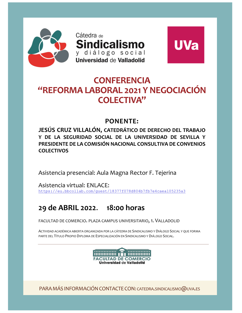 VIDEOCONFERENCIA “REFORMA LABORAL 2021 Y NEGOCIACIÓN COLECTIVA” (viernes 29 de abril de 2022, 18:00h).