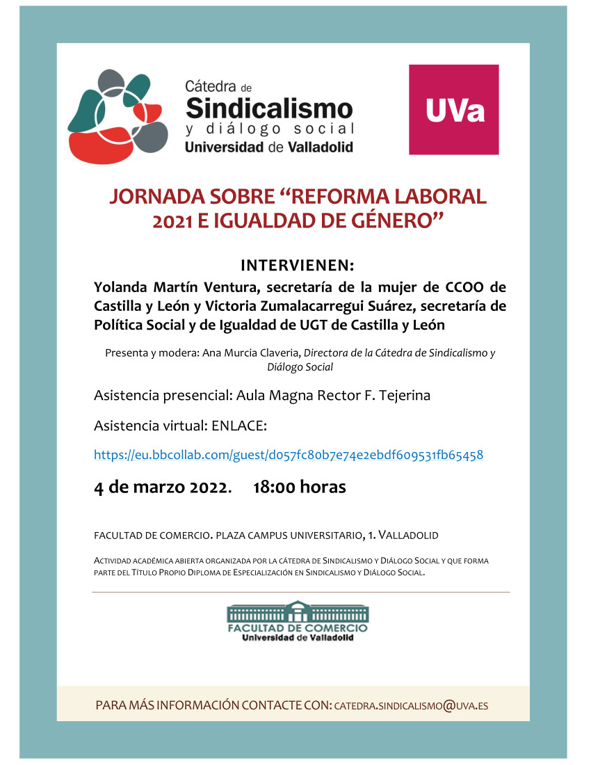 JORNADA SOBRE «REFORMA LABORAL 2021 E IGUALDAD DE GÉNERO» (viernes 4 de marzo de 2022, 18:00h).