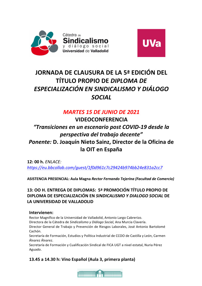 Jornada de clausura de la 5ª Promoción del Título Propio de Diploma de Especialización en Sindicalismo y Diálogo Social.